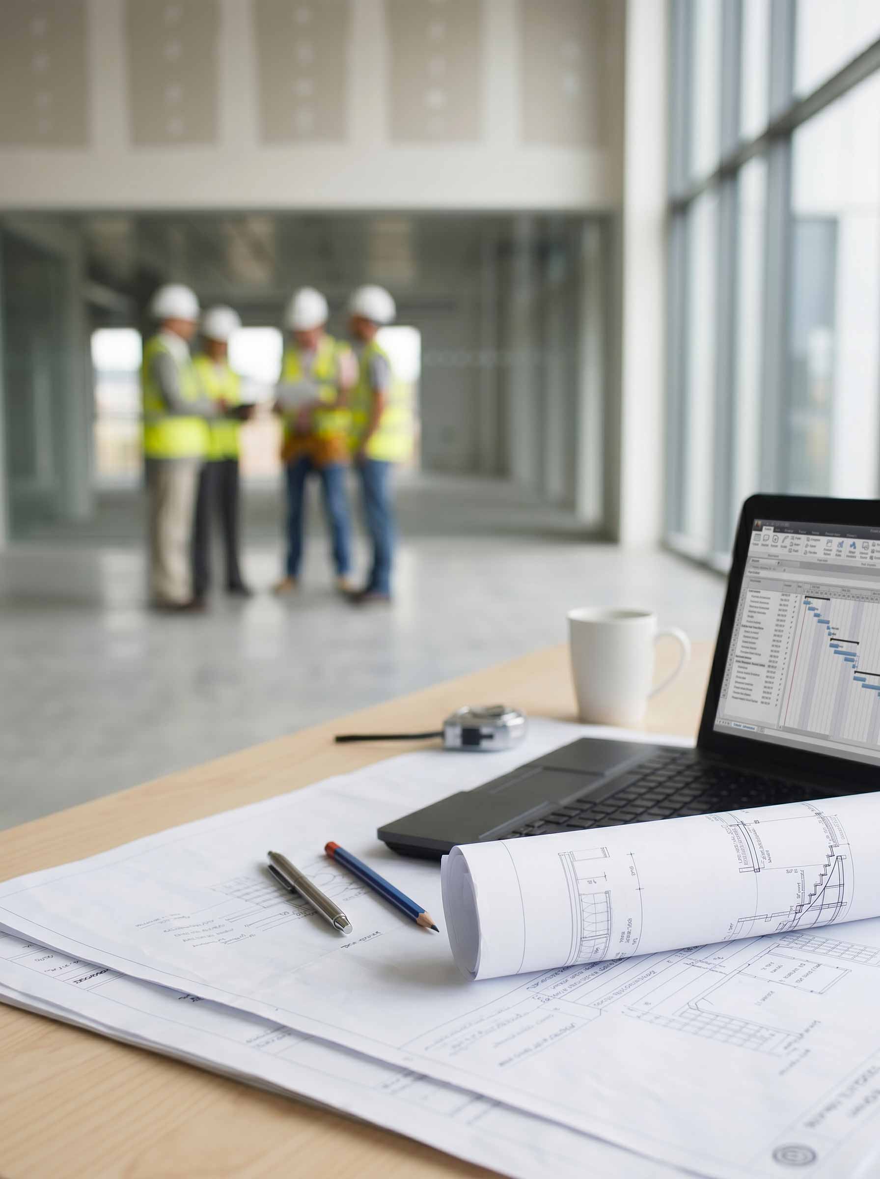 Baubesprechung im Baumanagement mit Bauplänen und Laptop der Matzholdbau GmbH